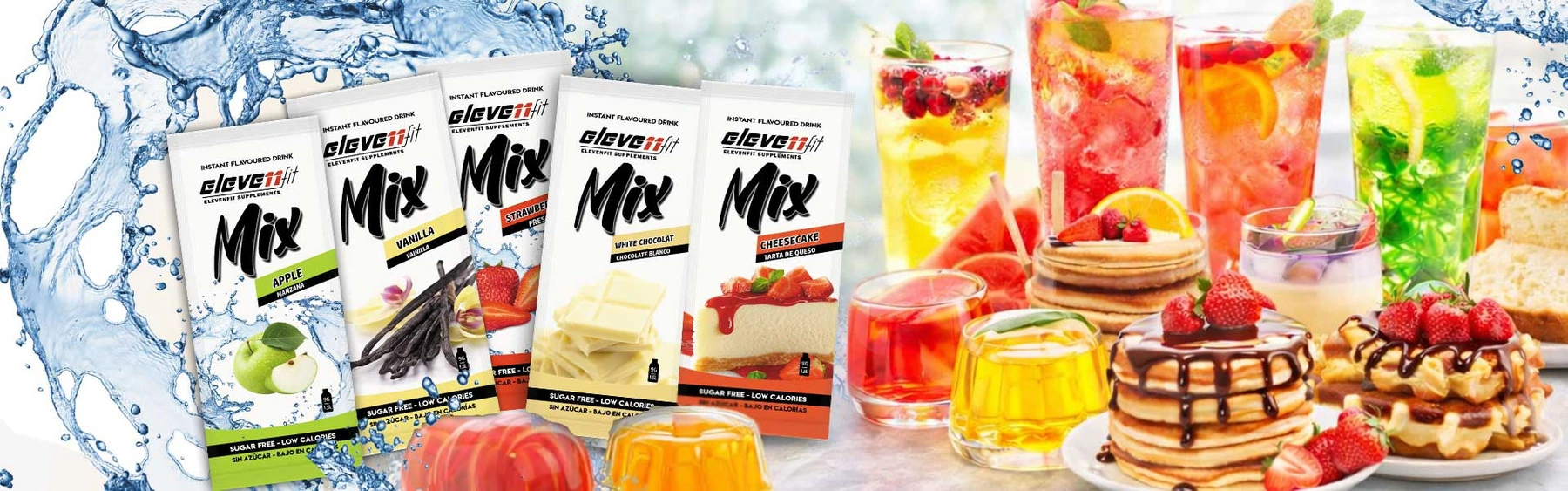 Sobres de Mix de Eleven Fit junto a bebidas de frutas y postres en la campaña oficial de la marca
